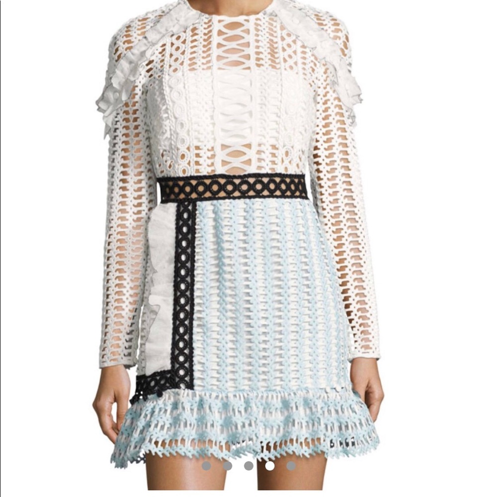 Self Portrait Frill Trim Paneled Lace Dress
